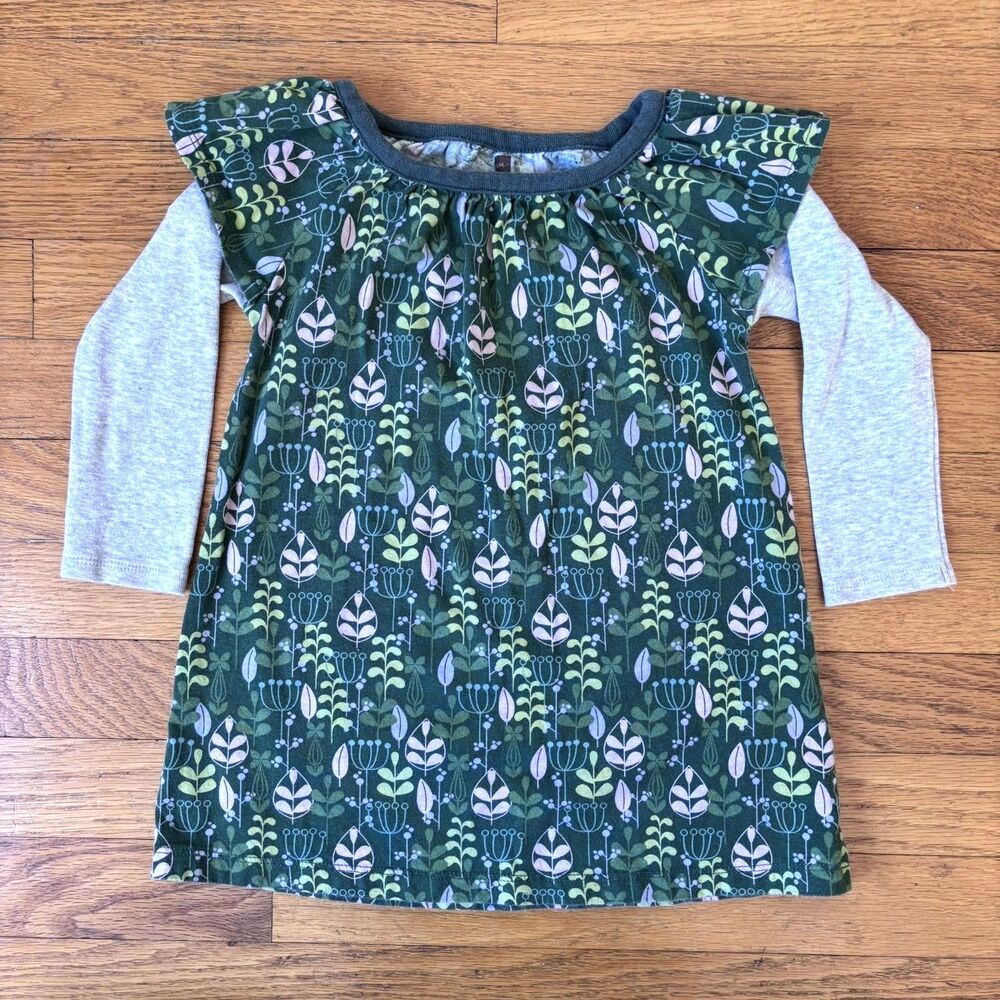 Tea Collection Girls Sz 2 Long Sleeve Cotton Green Floral Dress Spring Cottage